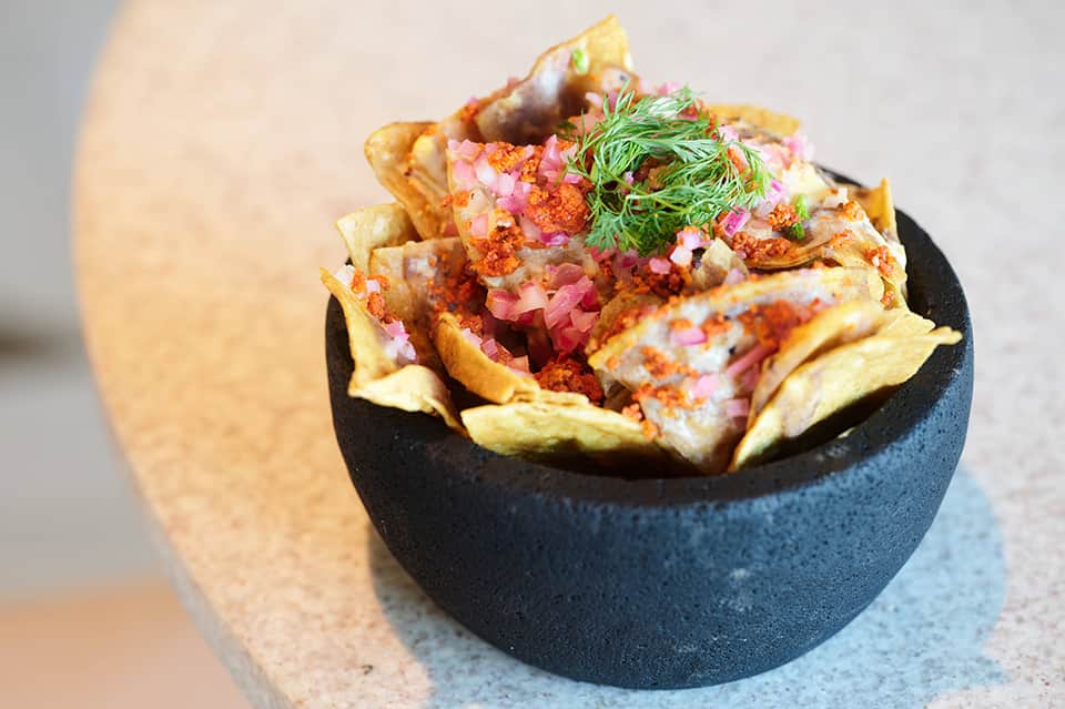 Appetizing plate of crispy tortilla chips topped with seasoning, diced onions, and fresh herbs in black bowl