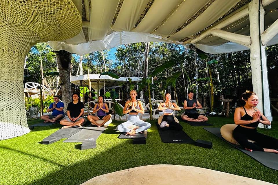 Outdoor yoga class on green grass under covered pergola with forest backdrop