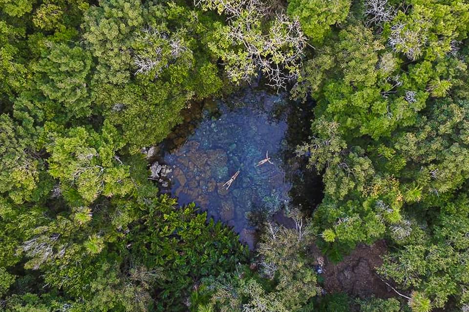 Aerial view of a forest river with two people kayaking surrounded by dense green trees