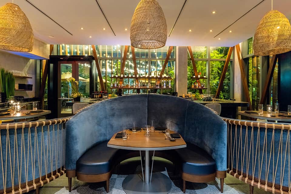 Modern restaurant booth with blue velvet seating, woven pendant lights, and floor-to-ceiling windows overlooking greenery