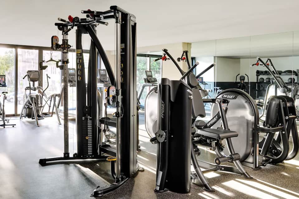Modern fitness center with cardio machines, strength training equipment, and large windows