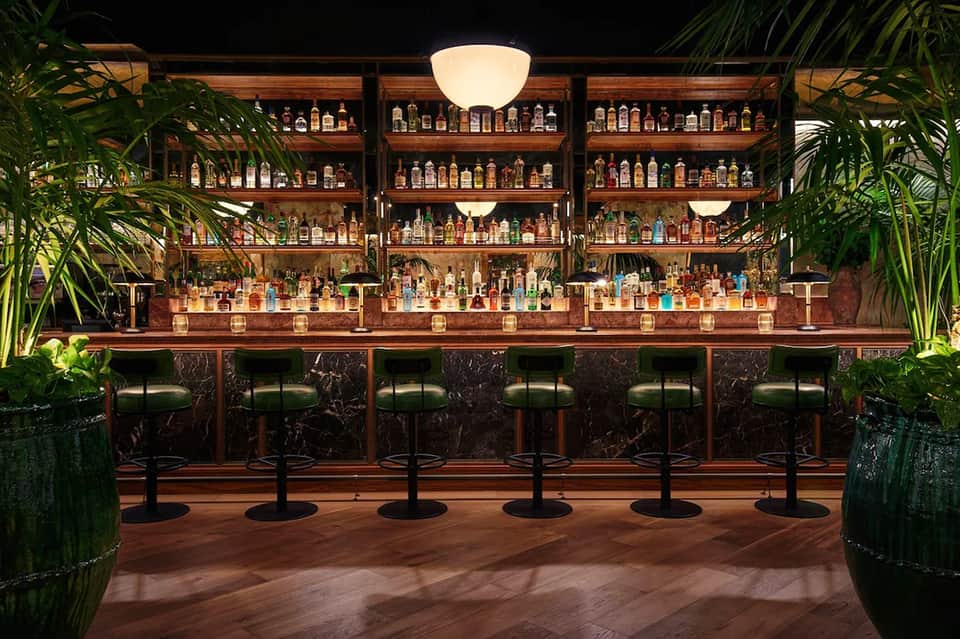 Upscale bar with wooden shelving displaying numerous bottles, green plants, and green velvet bar stools