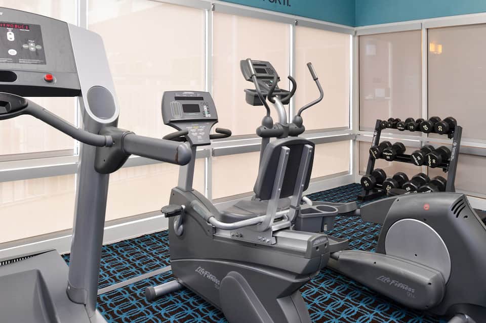 Modern fitness center with cardio equipment, elliptical machines, dumbbell rack, and floor-to-ceiling windows