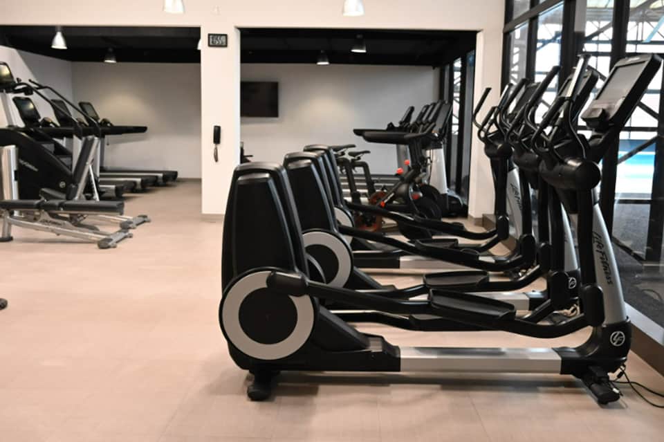Modern fitness center with rows of black and white elliptical machines and cardio equipment