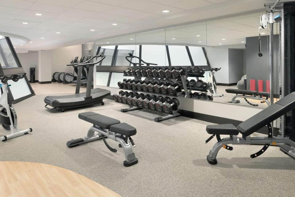 Modern fitness center with treadmills, exercise bikes, dumbbells, and weight benches