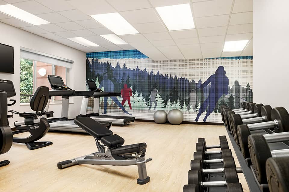 Modern fitness center with exercise equipment, dumbbells, and forest-themed wall mural under bright ceiling lights.
