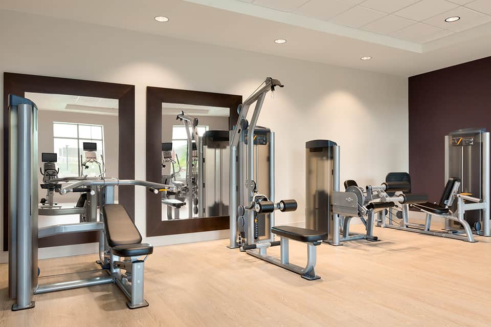 Modern fitness center with cardio and strength training equipment, mirrors, and light wood flooring