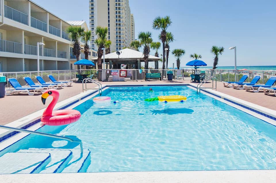 Beachfront pool with pink flamingo float, blue loungers, and palm trees with oceanview high-rise hotel