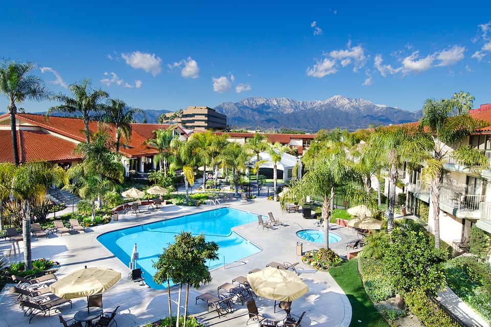 Resort pool with mountain views, palm trees, and lounge chairs in sunny setting