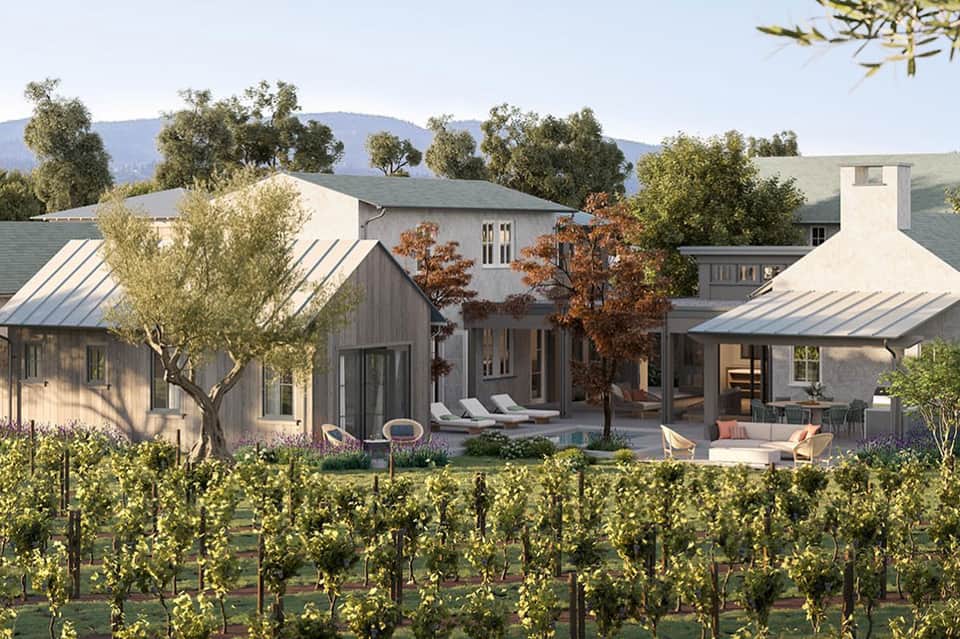 Luxury winery estate with modern architecture, vineyards, pool, and mountain views