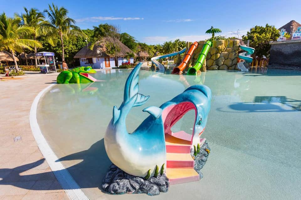 Colorful water park with dolphin-shaped slide, shallow pool, and tropical landscaping