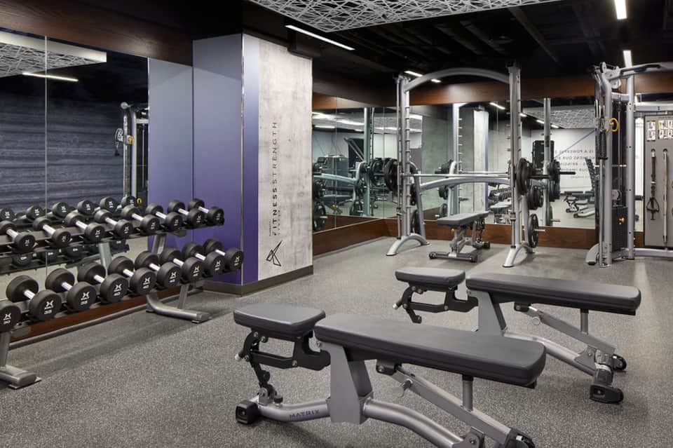 Modern fitness center with dumbbells, weight benches, and strength training equipment