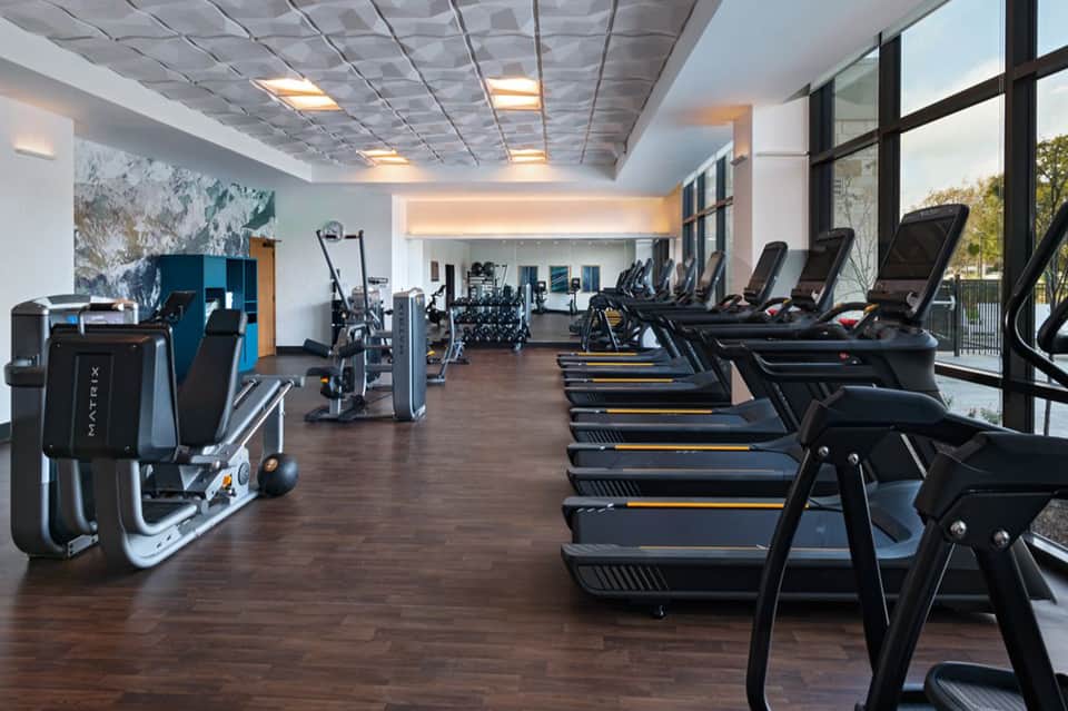 Modern fitness center with rows of treadmills, exercise bikes, and gym equipment with large windows
