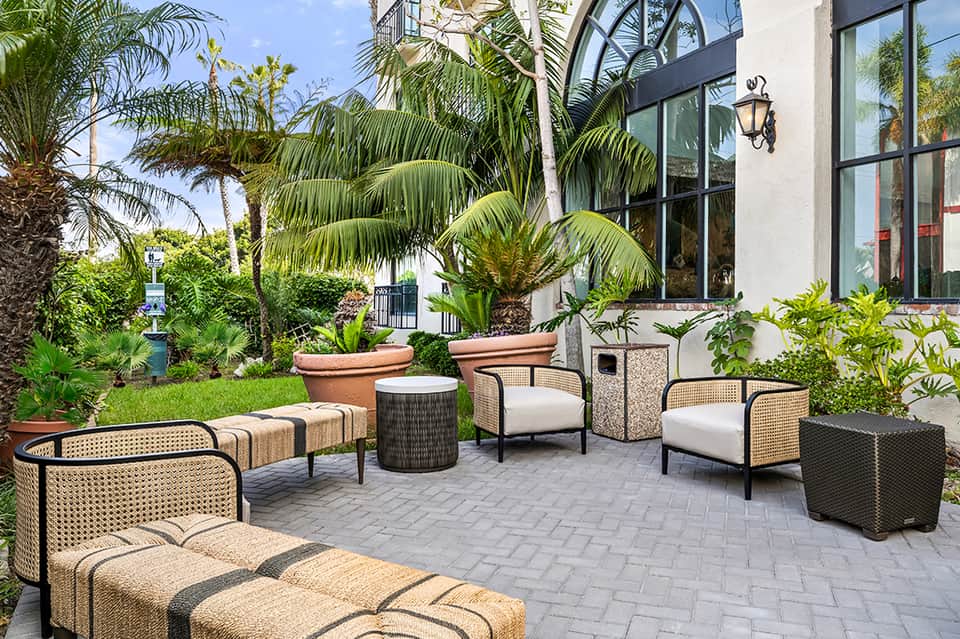 Luxury patio with woven lounge chairs, potted palms, and modern architecture