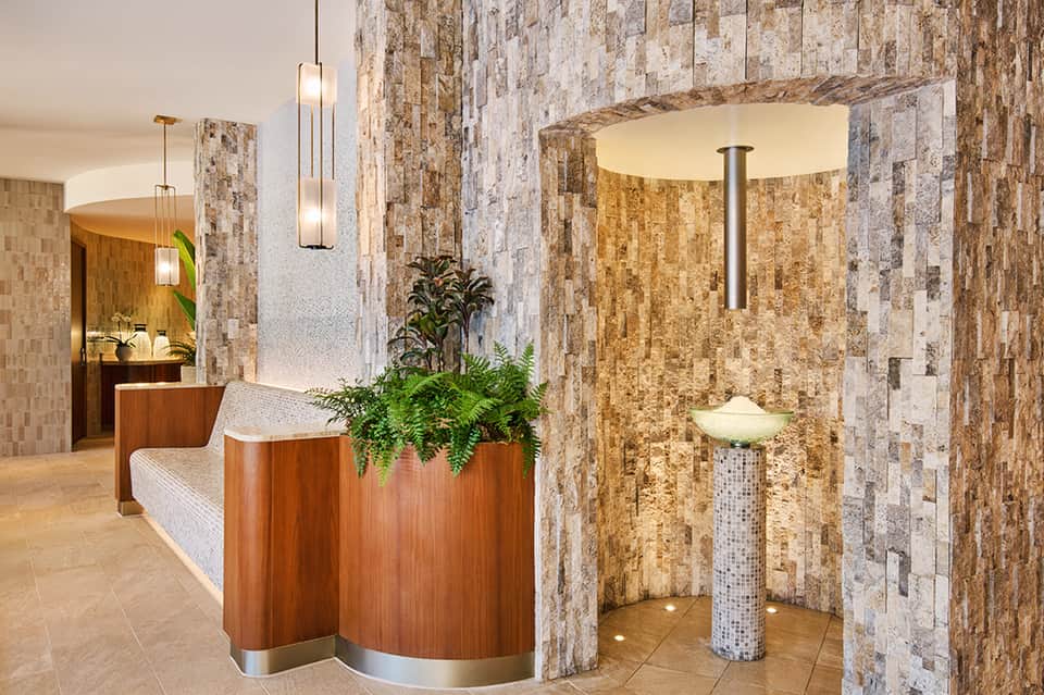 Luxury spa reception area with stone tile walls, wooden curved desk, and potted plants