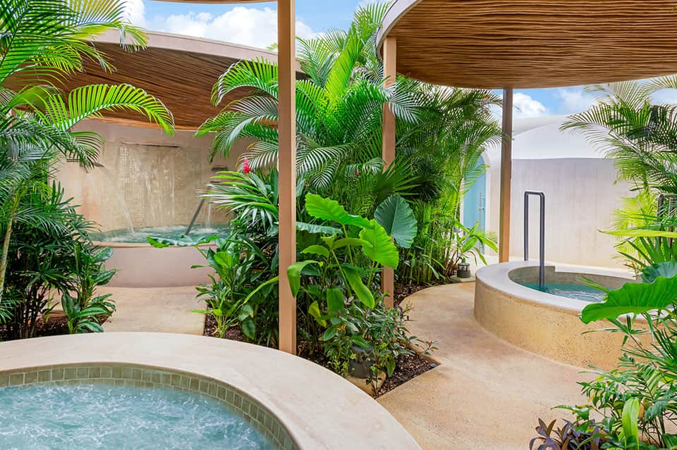 Luxurious spa area with hot tubs surrounded by tropical palm plants and wooden pergolas
