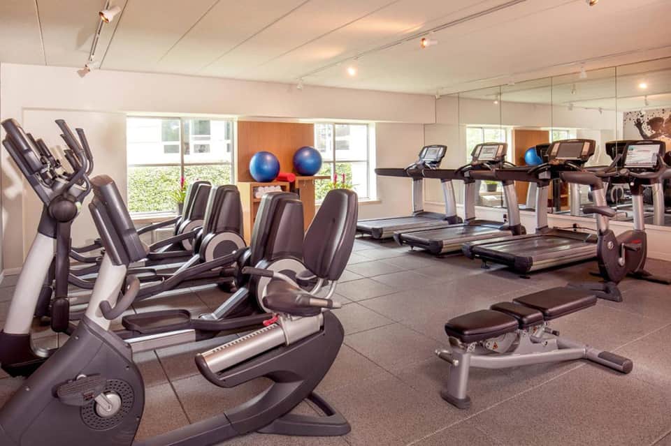Modern fitness center with cardio equipment, exercise bikes, treadmills, and blue stability balls