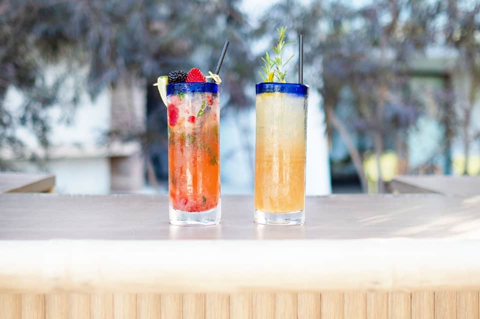 Two colorful cocktails with berries and garnishes on a wooden bar counter by the pool