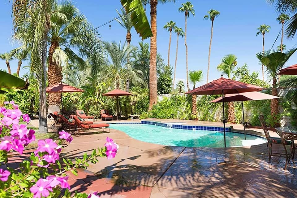 Tropical resort pool surrounded by palm trees, lounge chairs, and burgundy umbrellas with pink flowering plants in foreground