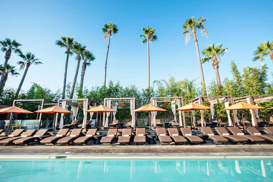 Resort pool with turquoise water, lounge chairs, tan umbrellas, and tall palm trees under clear blue sky