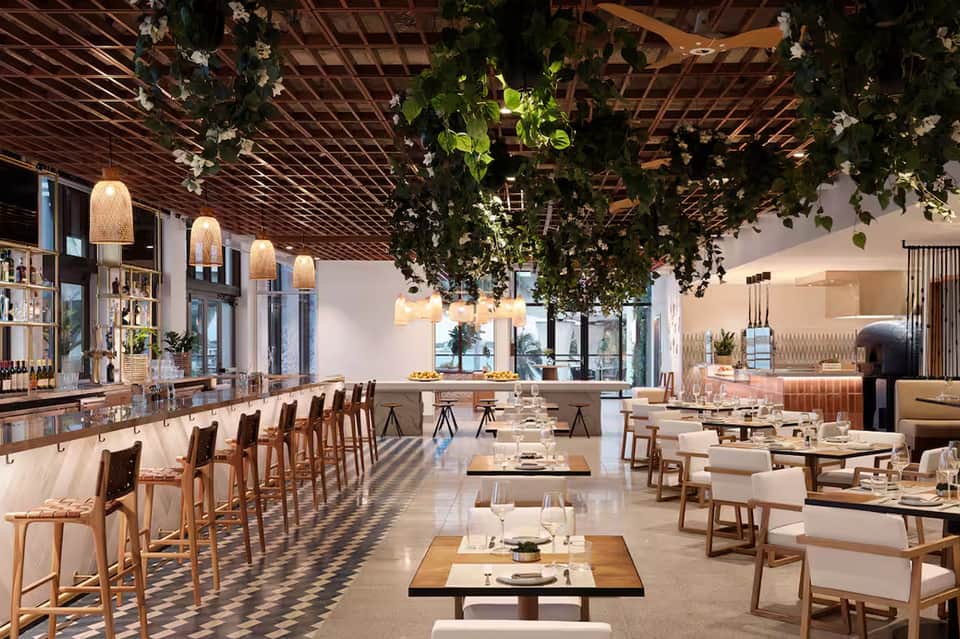 Modern restaurant interior with wooden lattice ceiling, green plants, and dining tables