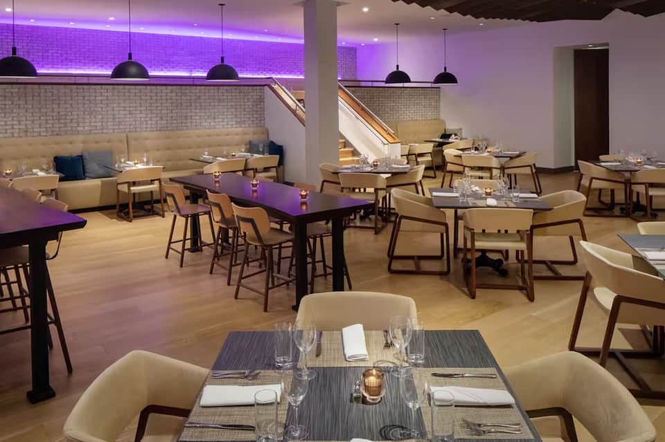Modern restaurant dining room with purple ambient lighting, beige seating, and wooden furniture