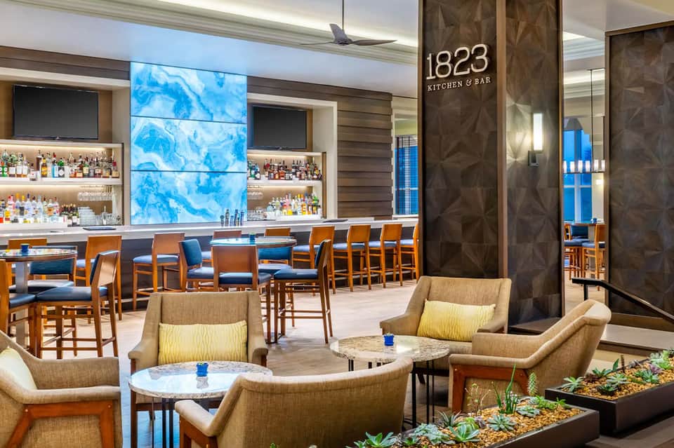 Modern bar and lounge with blue digital display, tan upholstered seating, and succulent plants in foreground