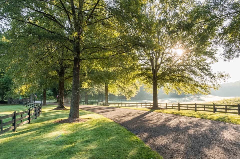 Tree-lined country property with white fencing, manicured lawns, and scenic water view