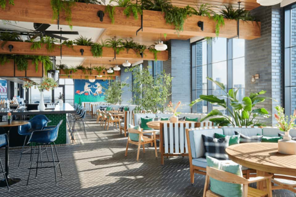 Modern rooftop lounge with wooden beams, hanging plants, natural wood furniture, and city views