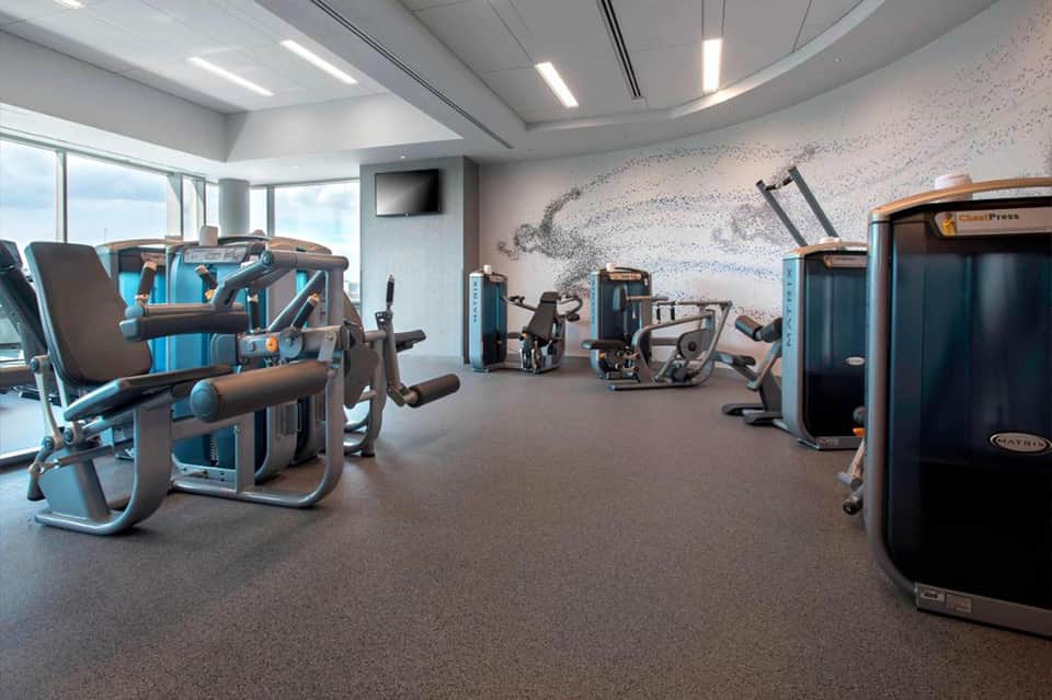 Modern gym with exercise equipment, blue accent walls, and large windows with city views
