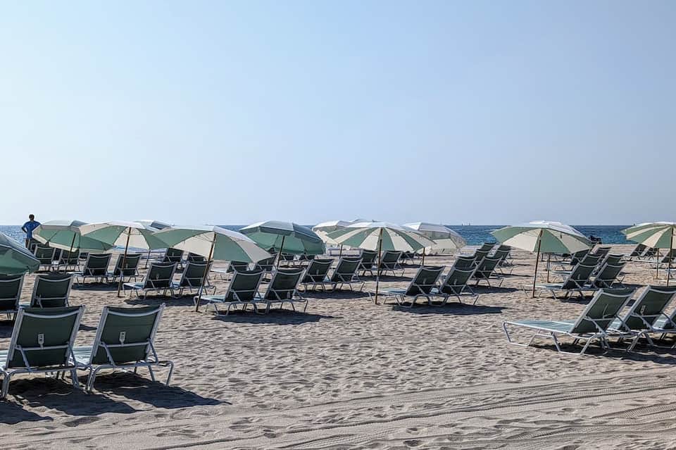 Beach scene with rows of green and white umbrellas and loungers facing the ocean