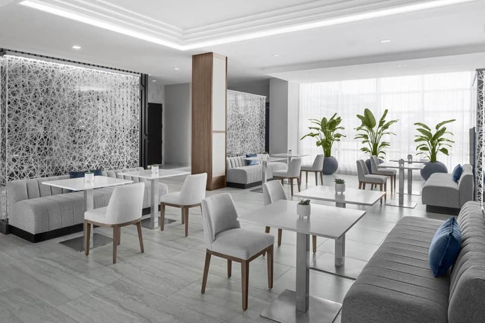 Modern hotel lounge with gray seating, decorative screens, potted plants, and natural light