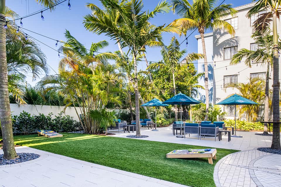 Tropical courtyard with palm trees, blue umbrellas, lounge seating, and manicured lawn