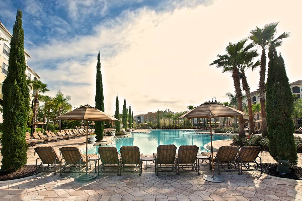 Resort pool area with lounge chairs, umbrellas, palm trees, and cypress trees under blue sky