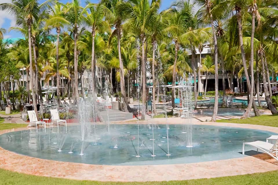Circular splash pad with fountain jets surrounded by palm trees, lounge chairs, and tropical landscaping