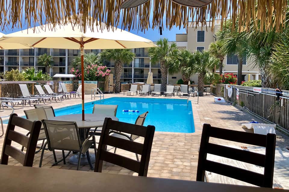 Outdoor resort pool with blue water, lounge chairs, palm trees, and tiki-style umbrellas under clear sky