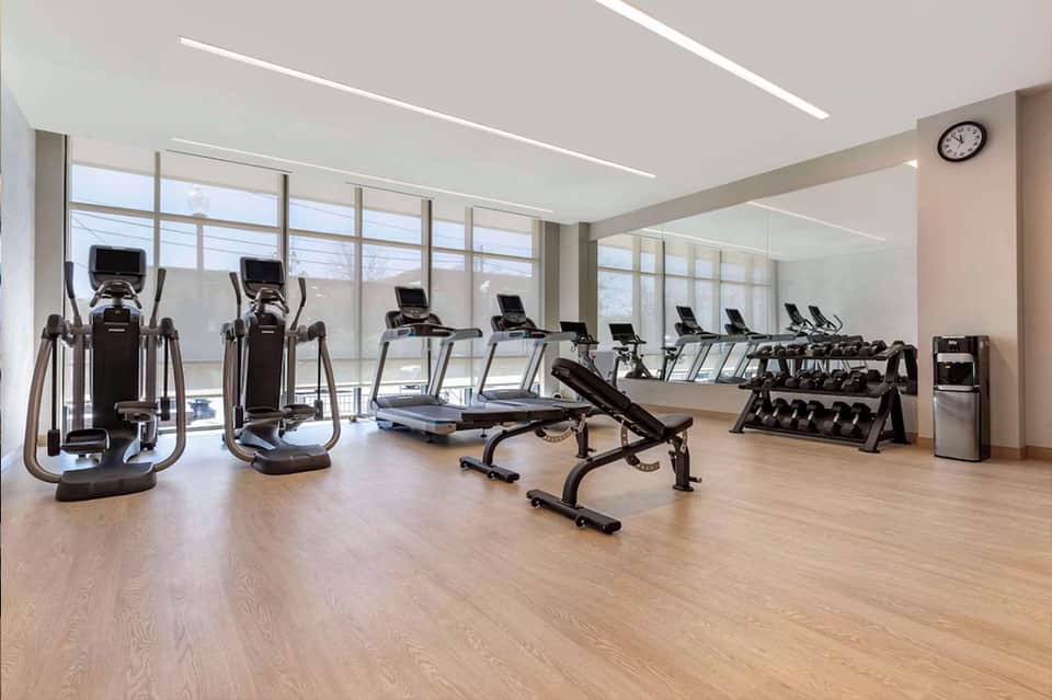 Bright gym with elliptical machines, treadmills, dumbbells, and floor-to-ceiling windows with natural light
