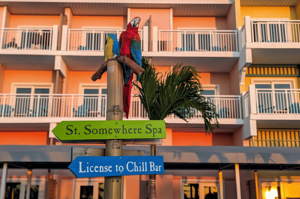 Colorful macaw perched on pole with 'St. Somewhere Spa' and 'License to Chill Bar' signs in front of orange resort building