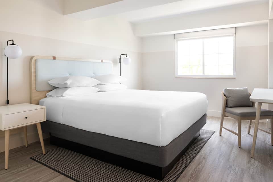 Minimalist hotel bedroom with light wood headboard, white bedding, and natural lighting from large window