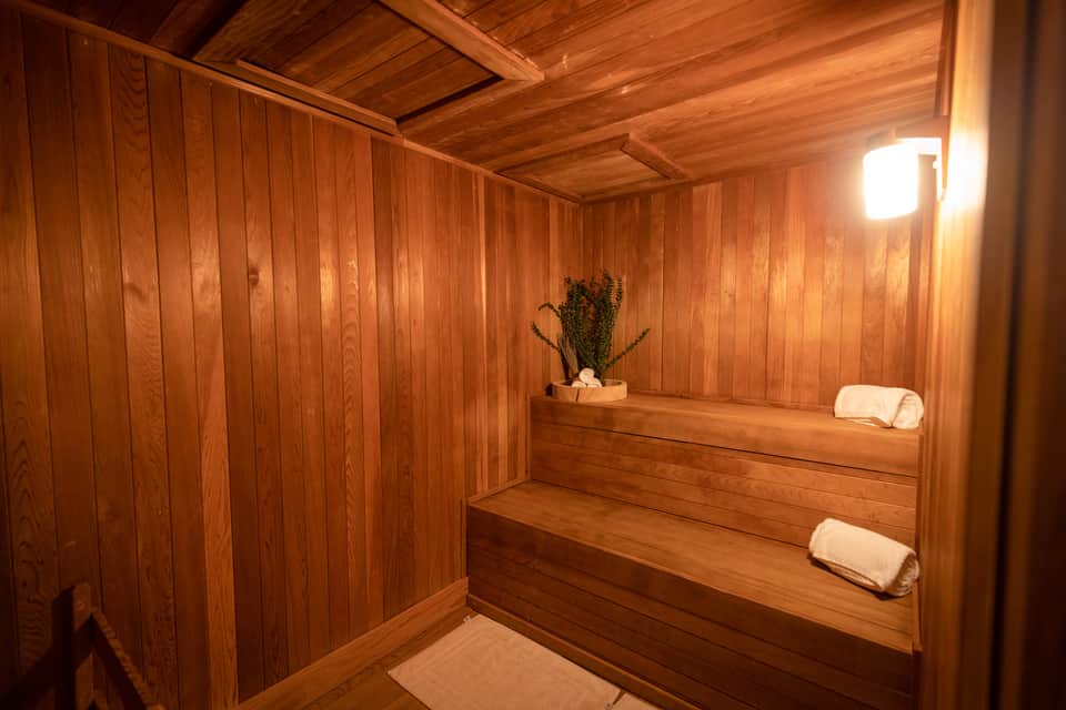 Wooden sauna interior with tiered benches, rolled towels, potted plant, and warm ambient lighting
