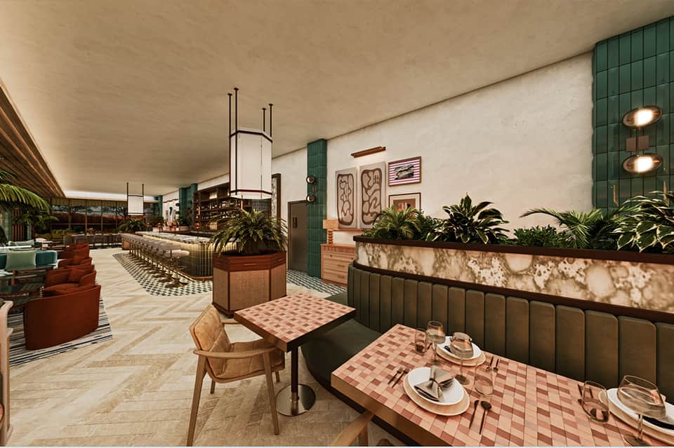 Modern restaurant dining area with green banquettes, pink checkered tables, and potted plants along the walls