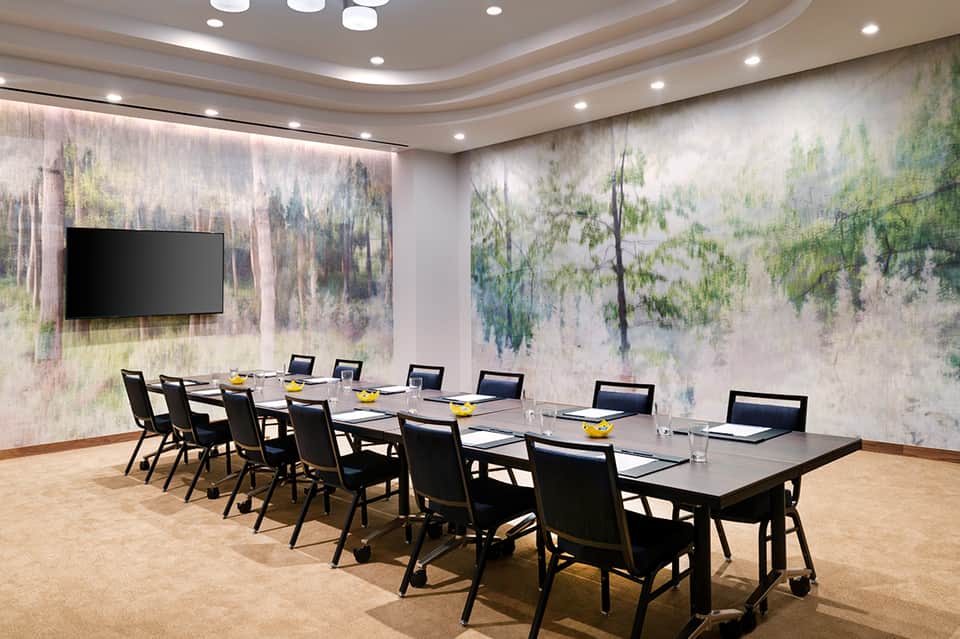 Conference room with long table, black chairs, and forest-themed wall murals with recessed lighting
