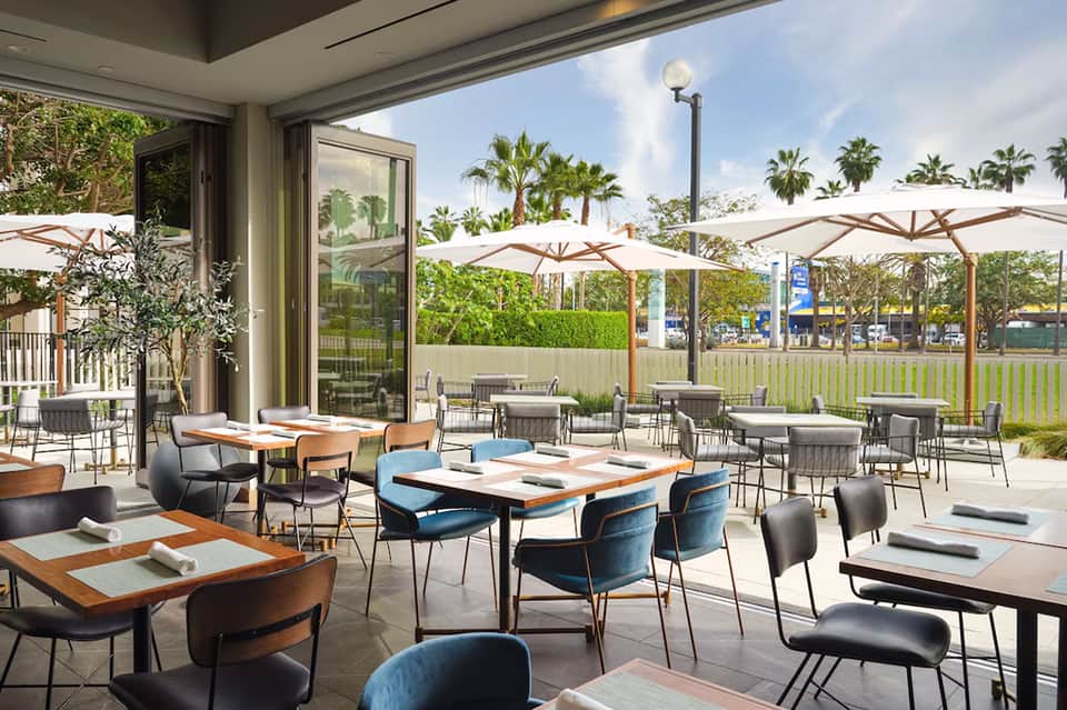 Modern outdoor terrace with dining tables, umbrellas, and lounge seating overlooking palm trees and manicured grounds
