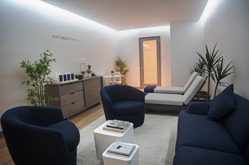 Modern naturopathic spa waiting area with dark blue curved chairs, plants, and minimalist white walls