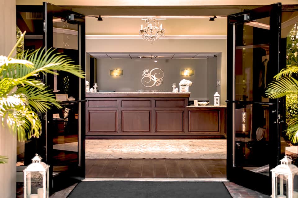 Elegant spa reception desk with dark wood paneling, decorative logo, and tropical plants flanking the entrance