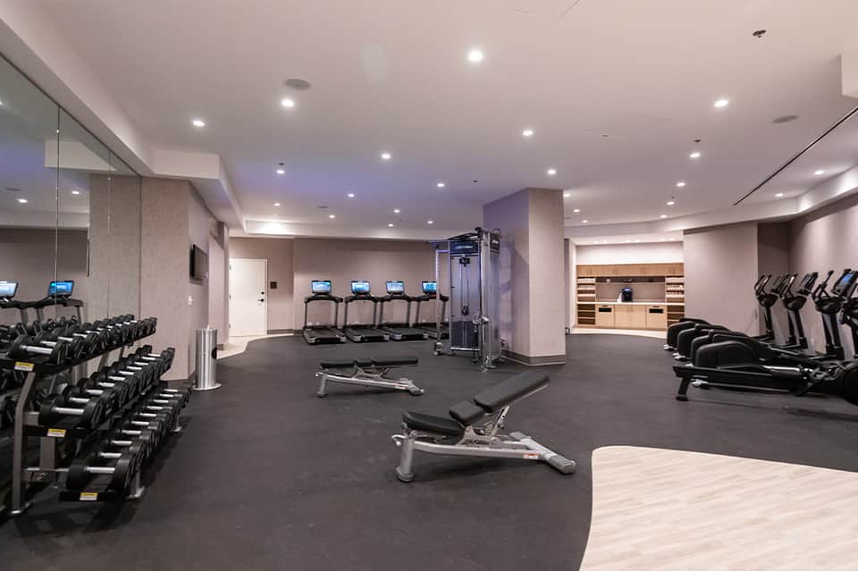 Modern hotel fitness center with dumbbells, treadmills, elliptical machines, and strength training equipment