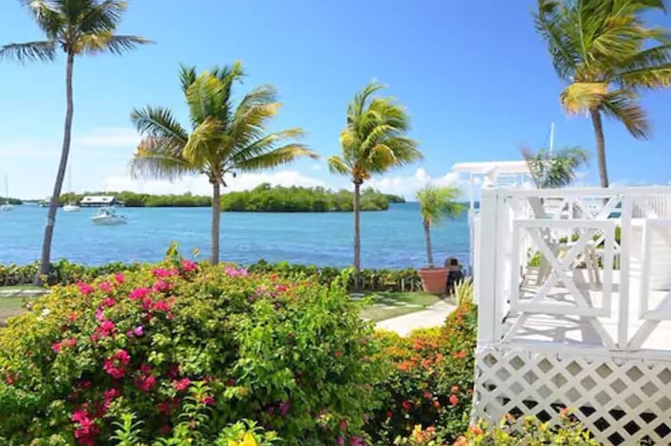 Waterfront resort garden with pink flowers, palm trees, white lattice fence, and boats on blue water