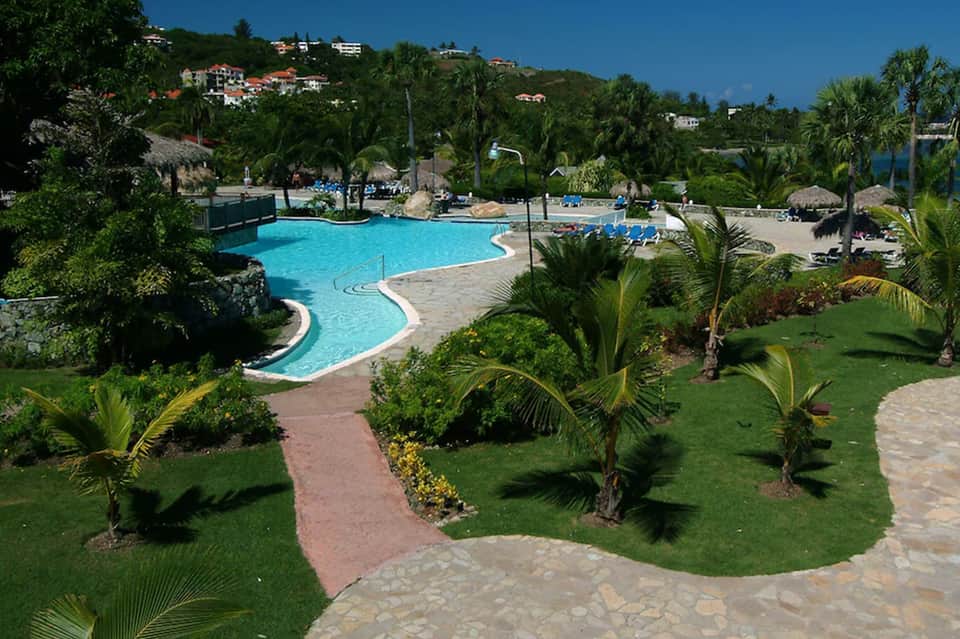 Aerial view of curved pool with tropical landscaping, palm trees, and hillside homes in background
