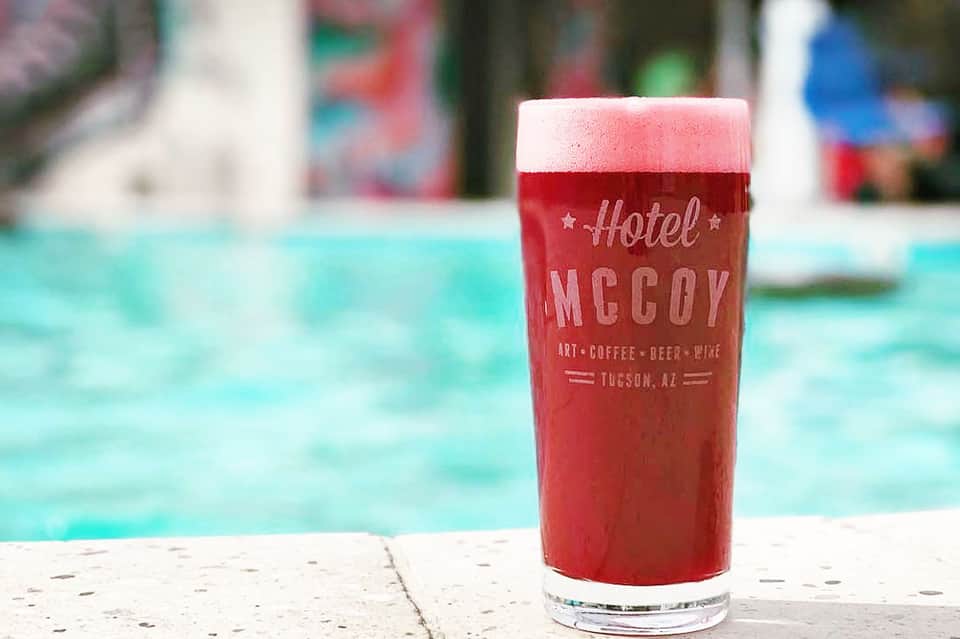 Hotel McCoy craft beer glass at poolside in Tucson, Arizona