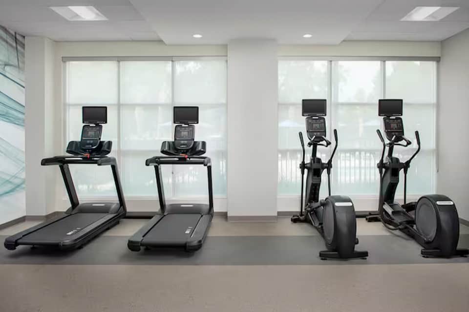 Fitness center with treadmills and elliptical machines facing large windows with natural light